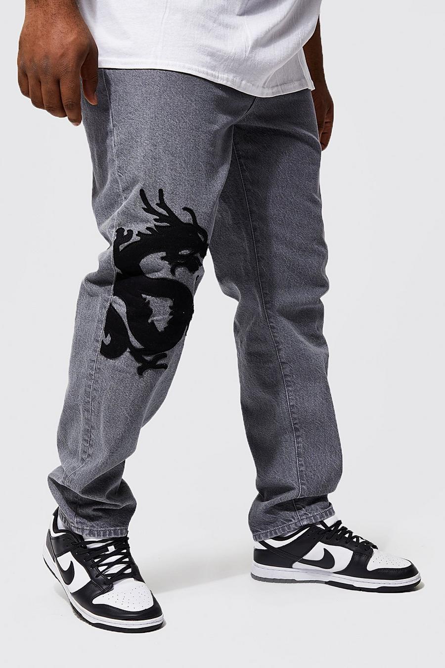 Jeans Plus Size Skinny Fit rigidi con applique di drago, Light grey gris image number 1