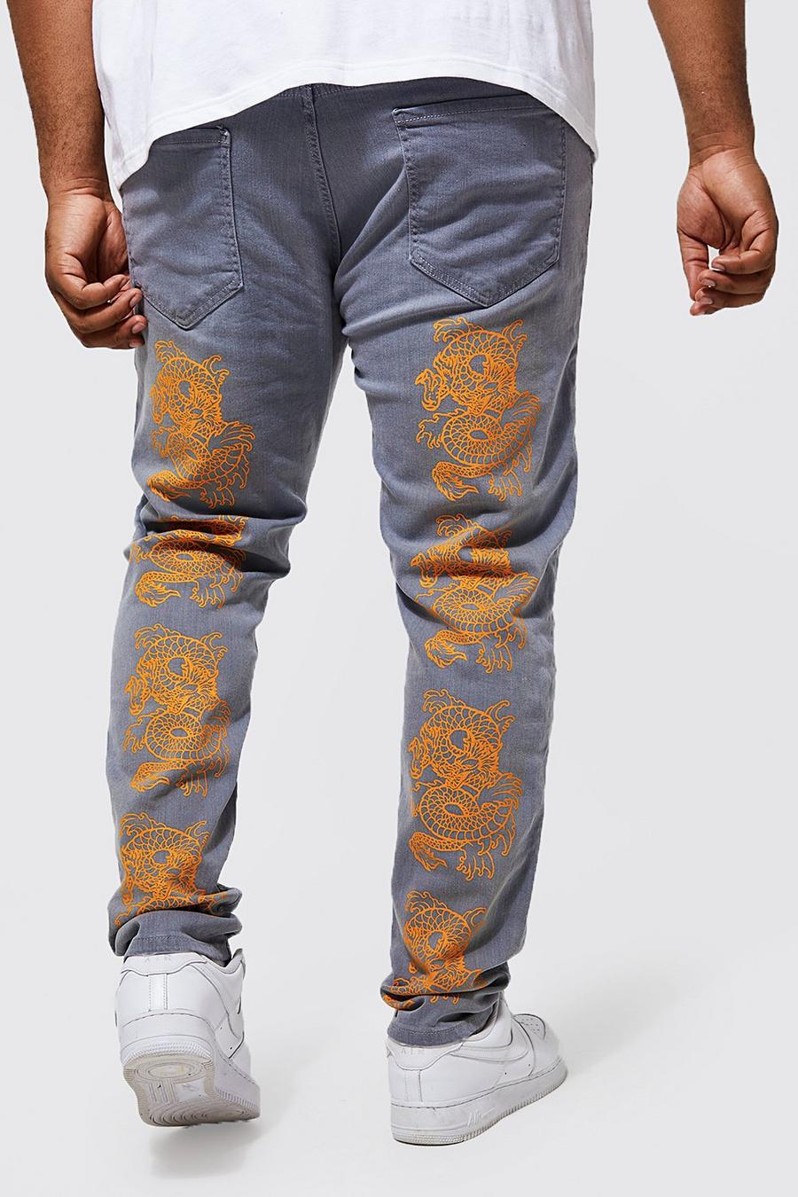Jeans Plus Size Skinny Fit Stretch con stampa di drago sul retro, Light grey grigio