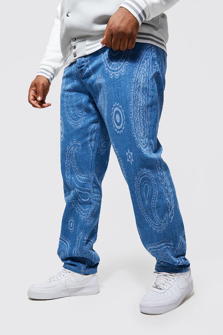 Jeans Plus Size Slim Fit rigidi in fantasia cachemire con stampa al laser, Blue azzurro