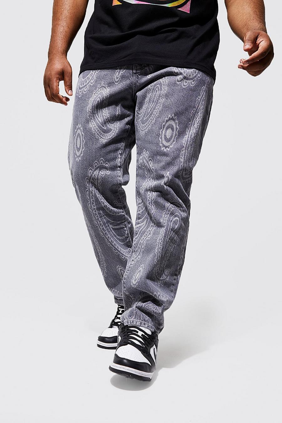 Jeans Plus Size Slim Fit rigidi con stampa cachemire al laser, Light grey grigio image number 1