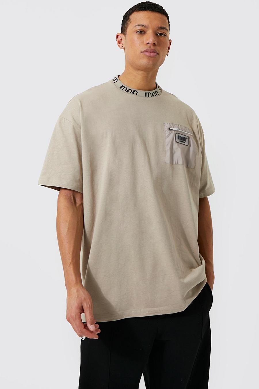 Taupe beige Tall Oversized Utility Pocket Man Rib T-shirt