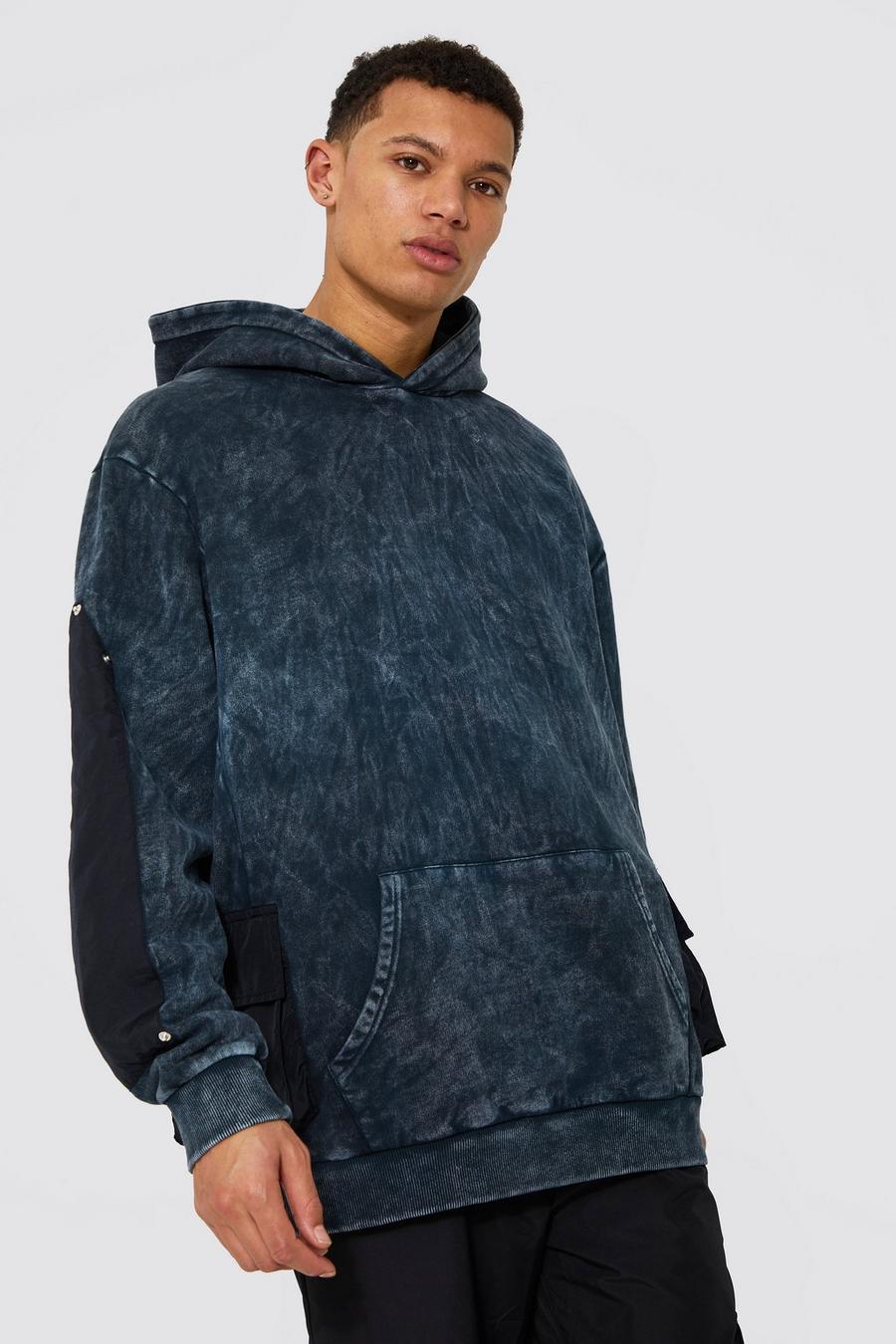Charcoal grigio Tall Oversized Washed Worker Panel Hoodie image number 1