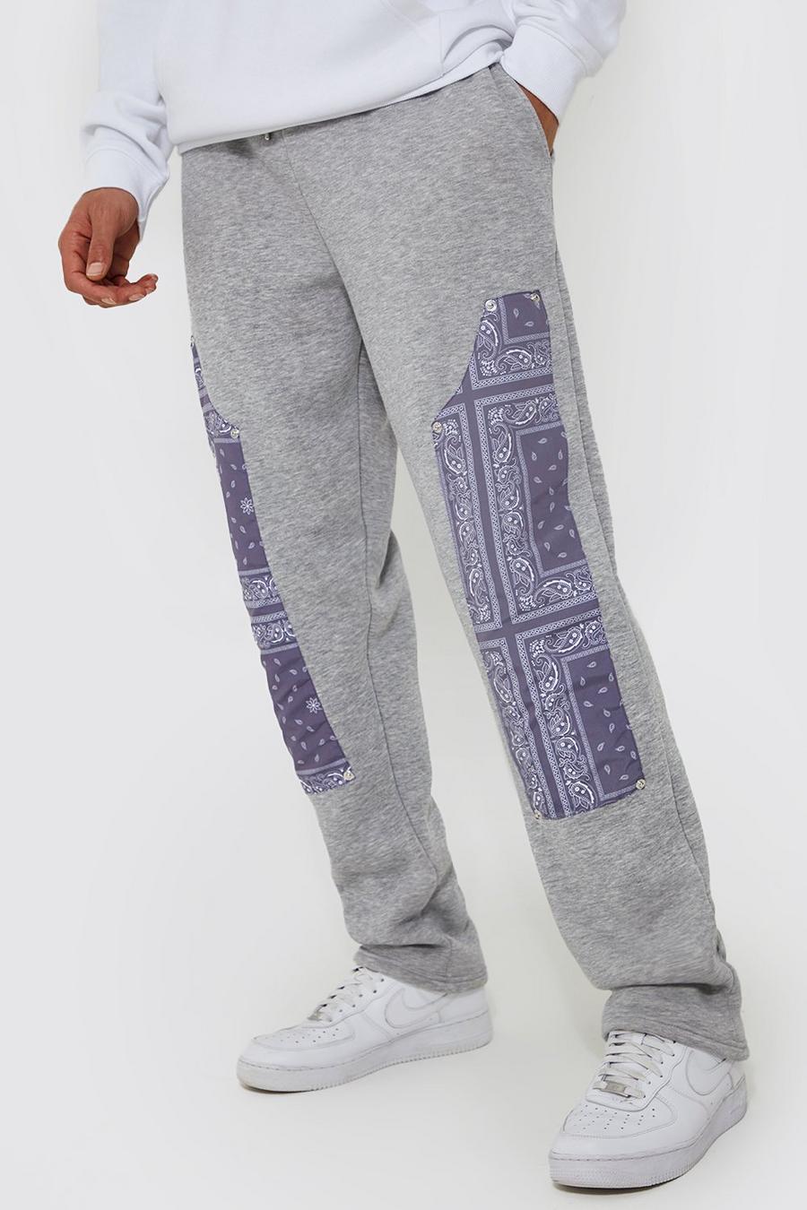 Grey מכנסי ריצה עם הדפס בנדנה ופאנל בסגנון מכנסי פועלים, לגברים גבוהים image number 1