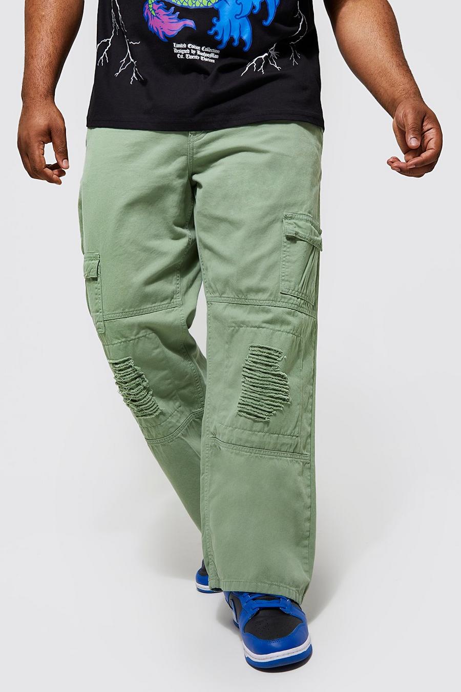 Sage green Plus Straight Leg Distressed Cargo Trouser