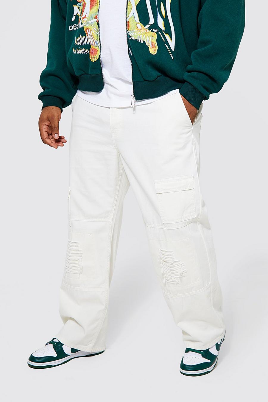 Pantaloni Cargo Plus Size dritti effetto smagliato, Ecru bianco