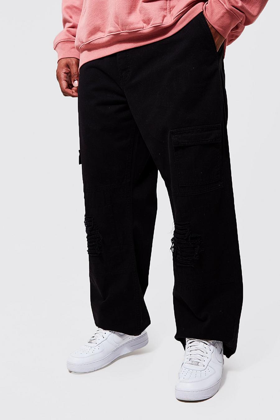 Pantaloni Cargo Plus Size dritti effetto smagliato, Black image number 1
