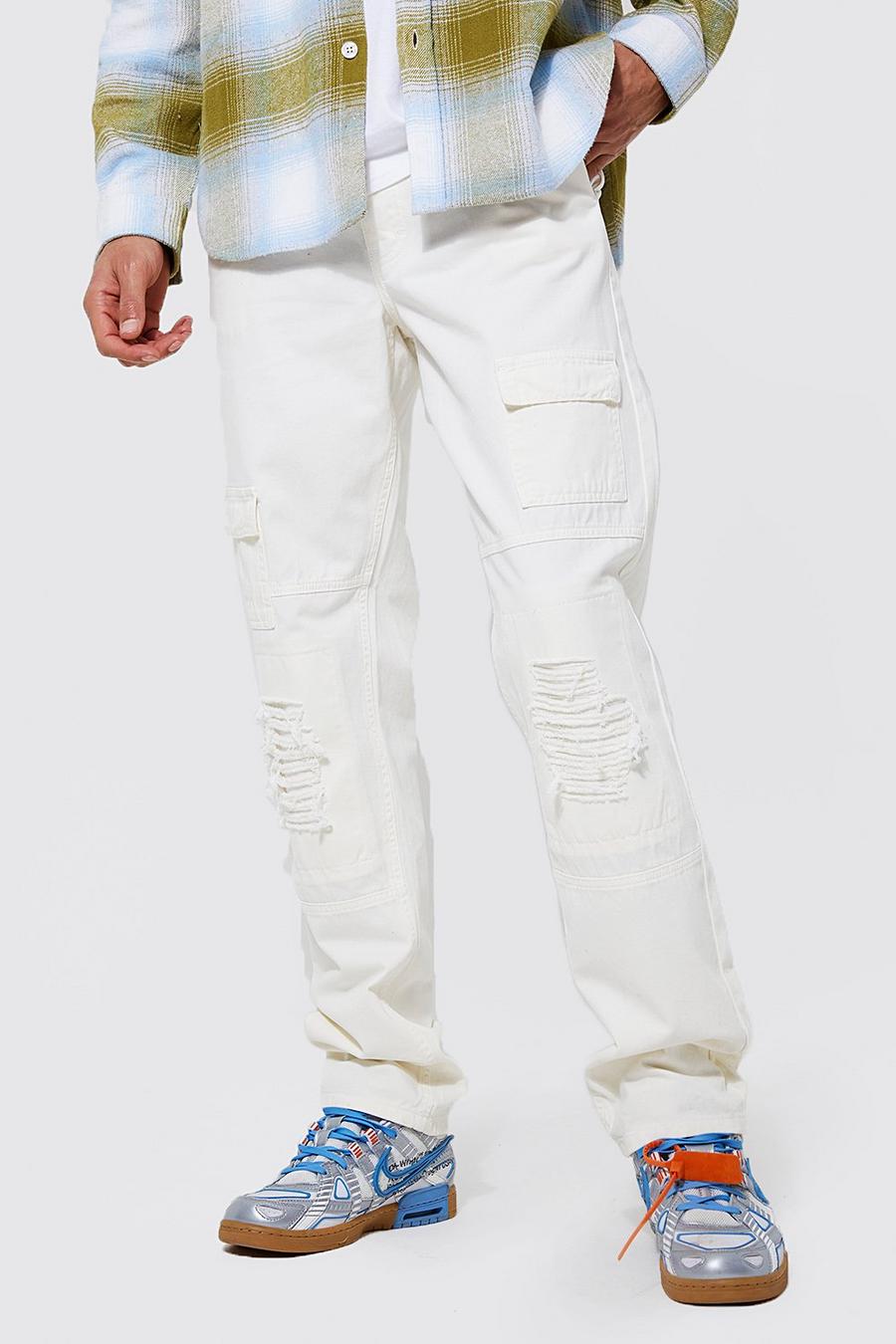 Pantaloni dritti Tall stile Cargo a effetto smagliato, Ecru white