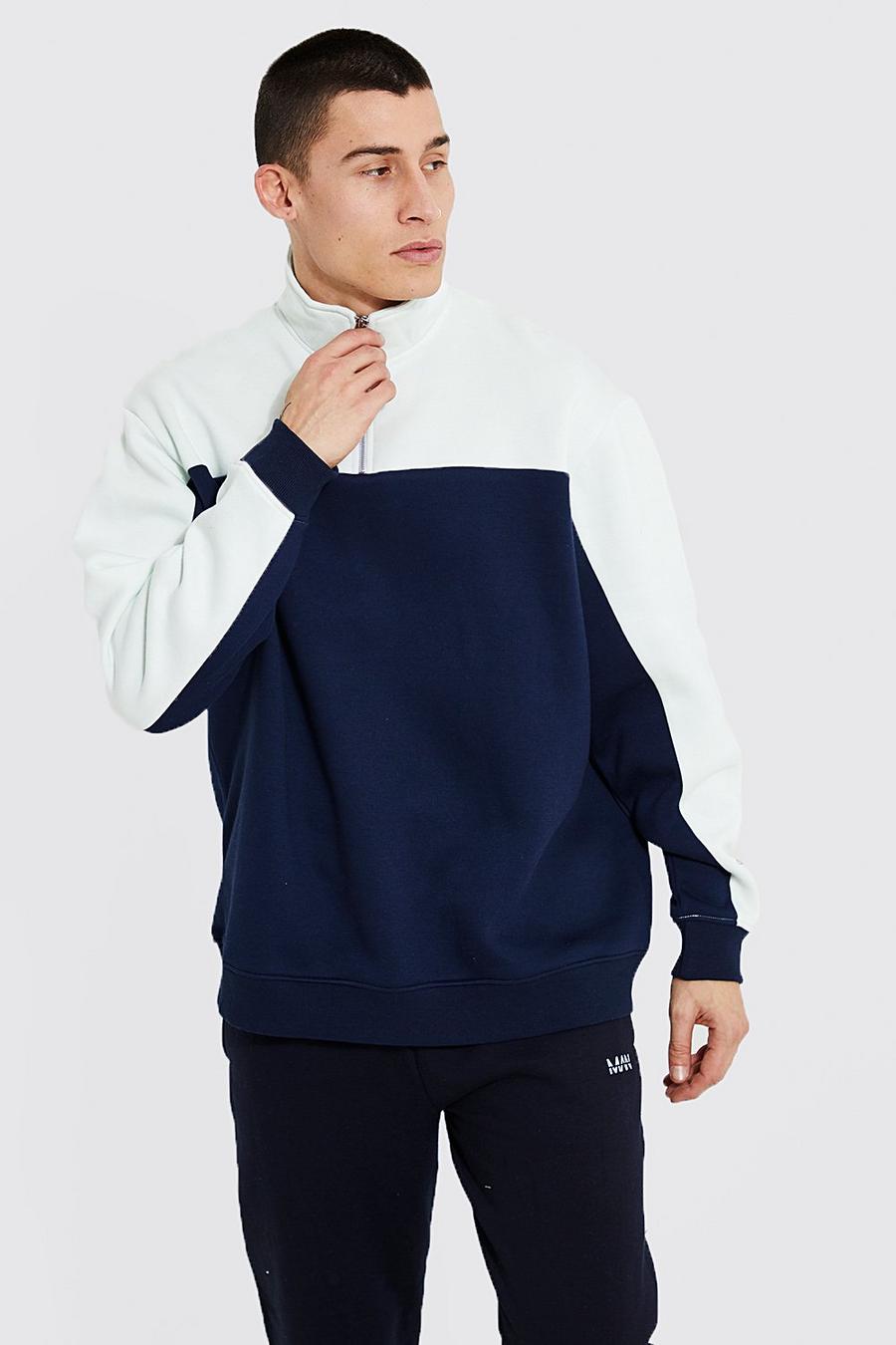 Navy Oversized Man Colour Block Funnel Neck Top   image number 1