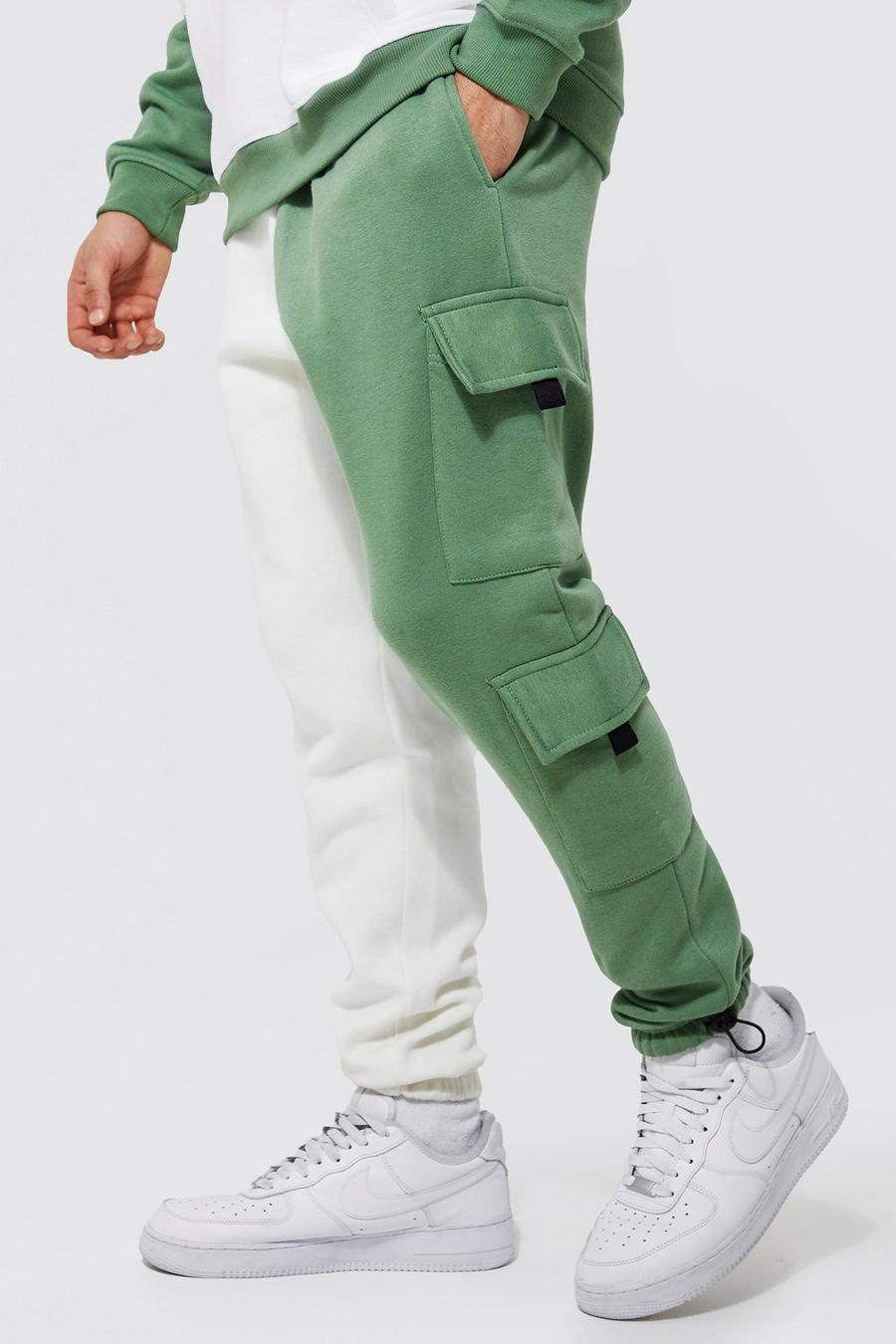 Pantaloni tuta Cargo Slim Fit stile Utility effetto patchwork, Sage gerde