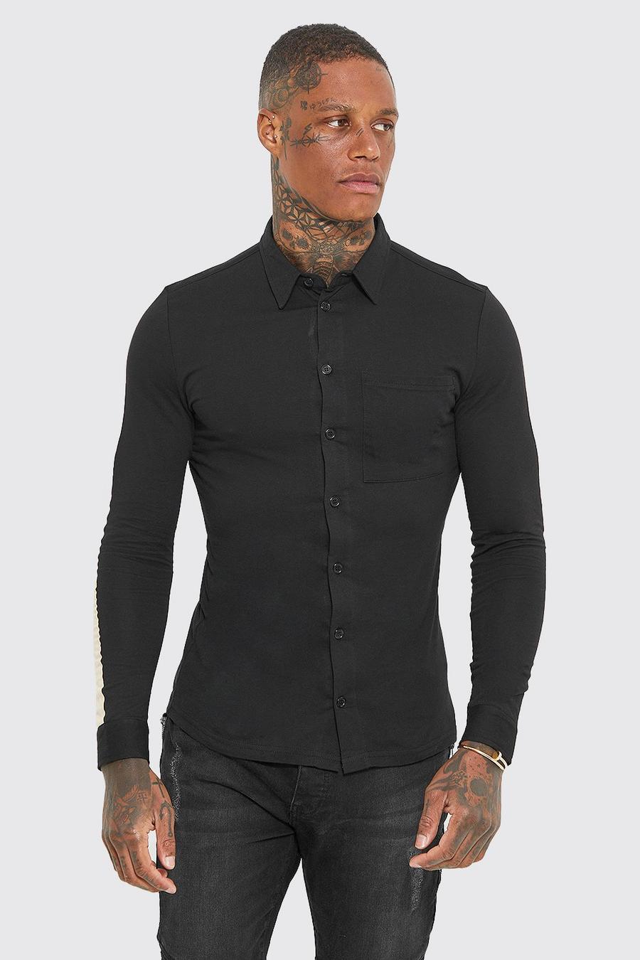 Black Long Sleeve Muscle Jersey Panelled Shirt image number 1