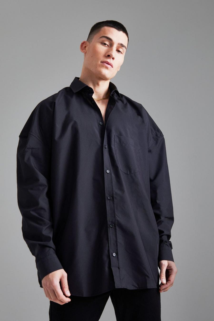 Black חולצת פופלין אוברסייז עם שרוולים ארוכים image number 1