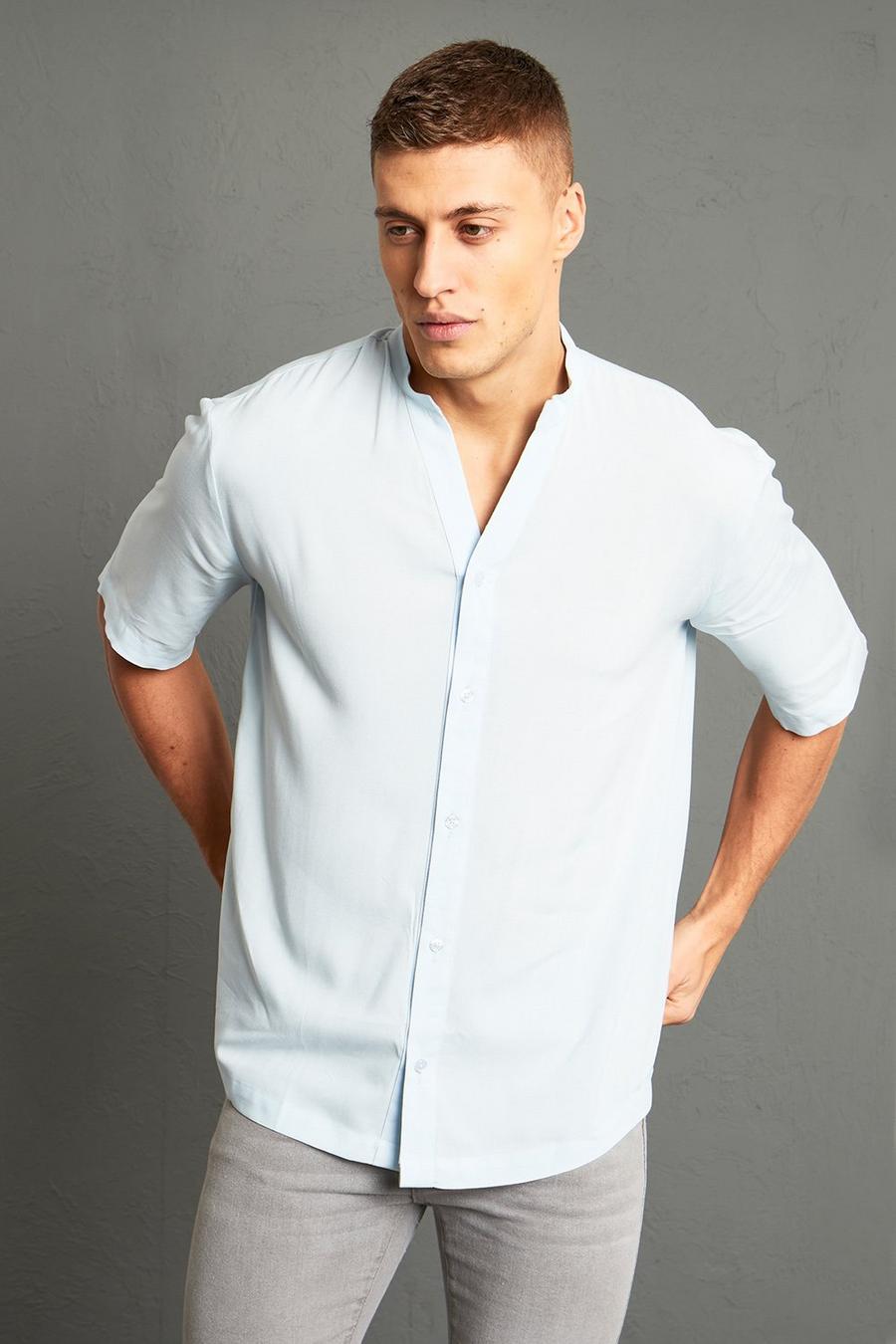 Light blue Short Sleeve Grandad Collar Viscose Shirt  image number 1