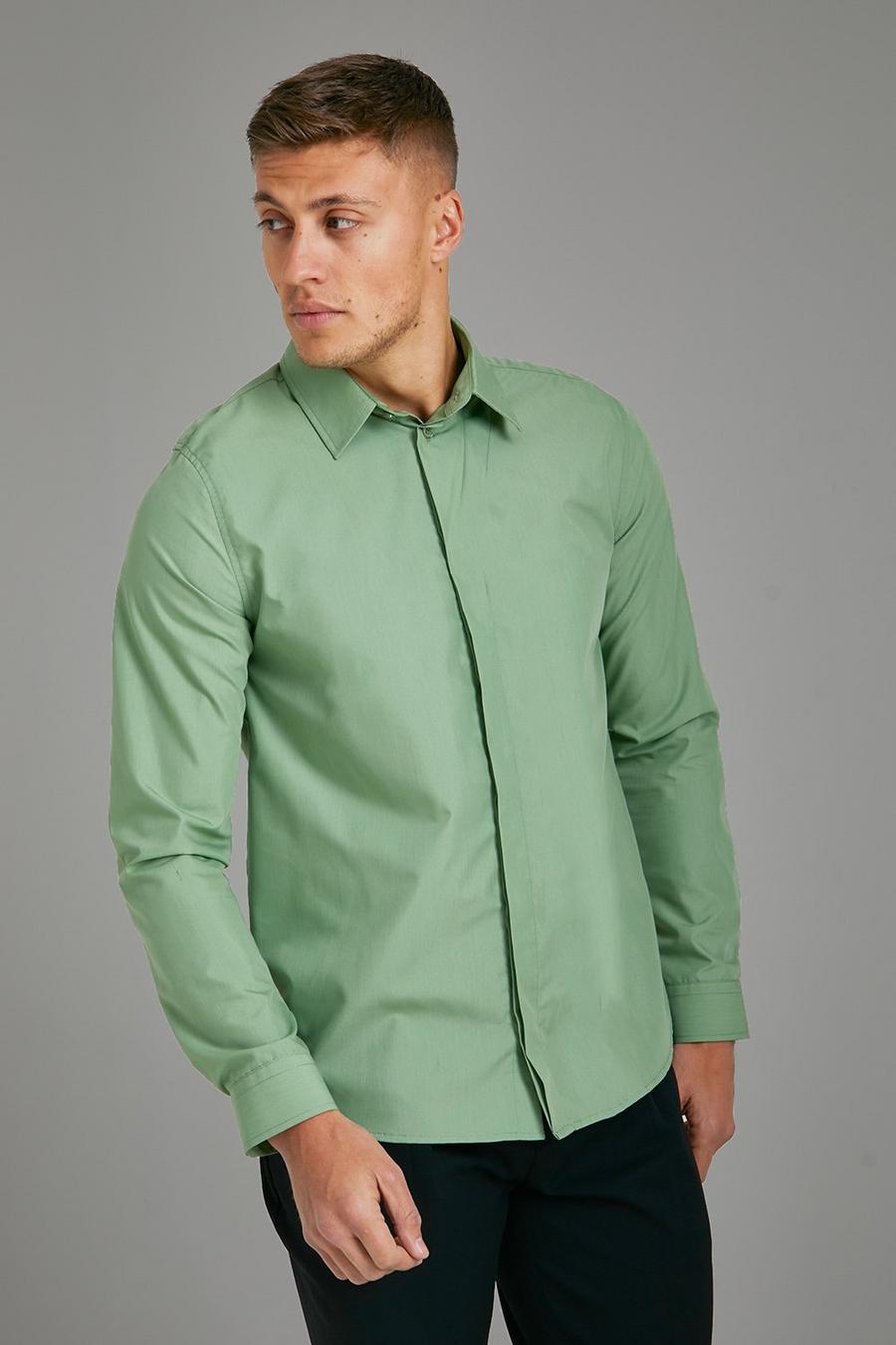 Khaki Long Sleeve Cotton Poplin Concealed Shirt