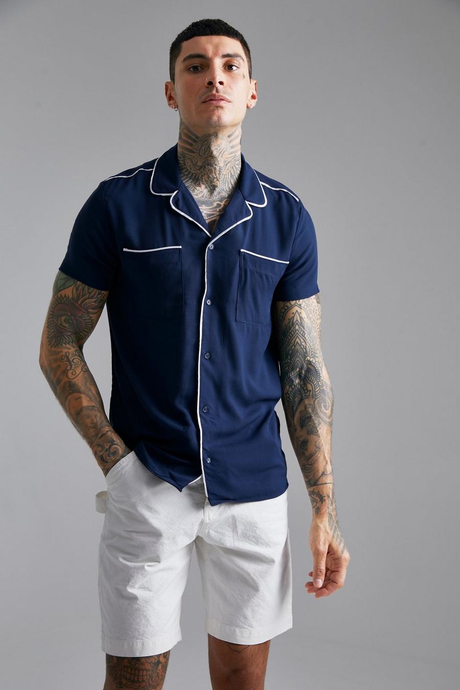 Navy Short Sleeve Viscose Piping Shirt  image number 1