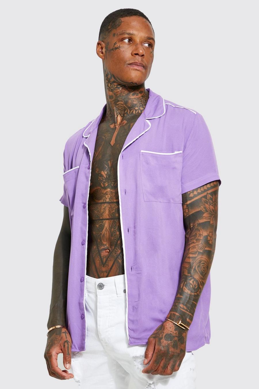 Lilac purple Short Sleeve Viscose Piping Shirt image number 1
