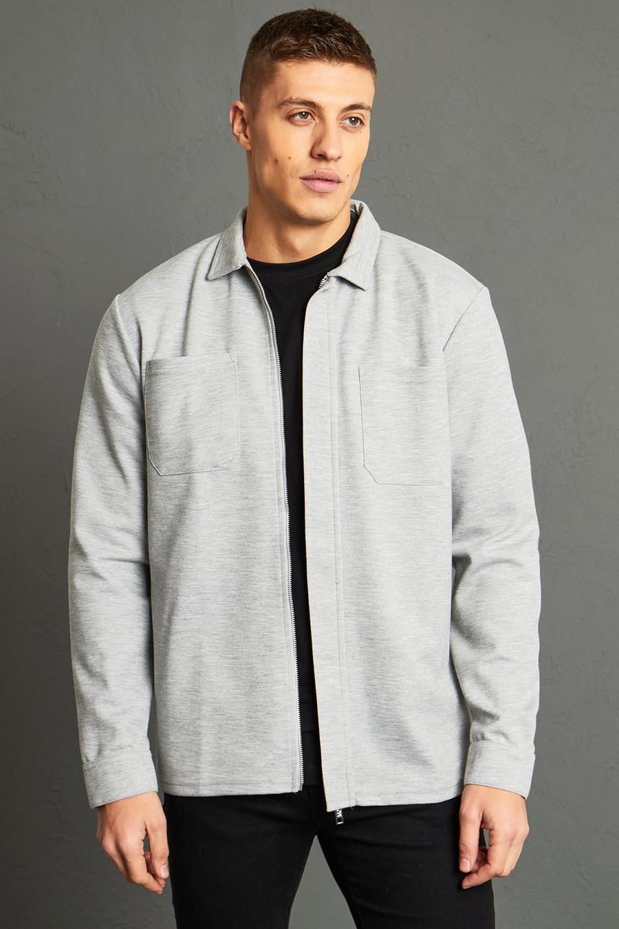 Grey grå Jersey Concealed Placket Overshirt 