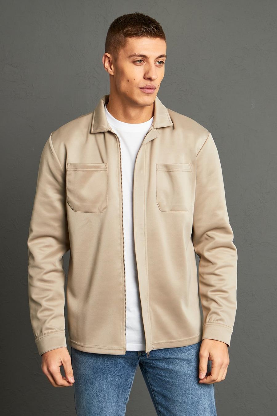Stone beige Jersey Concealed Placket Overshirt 