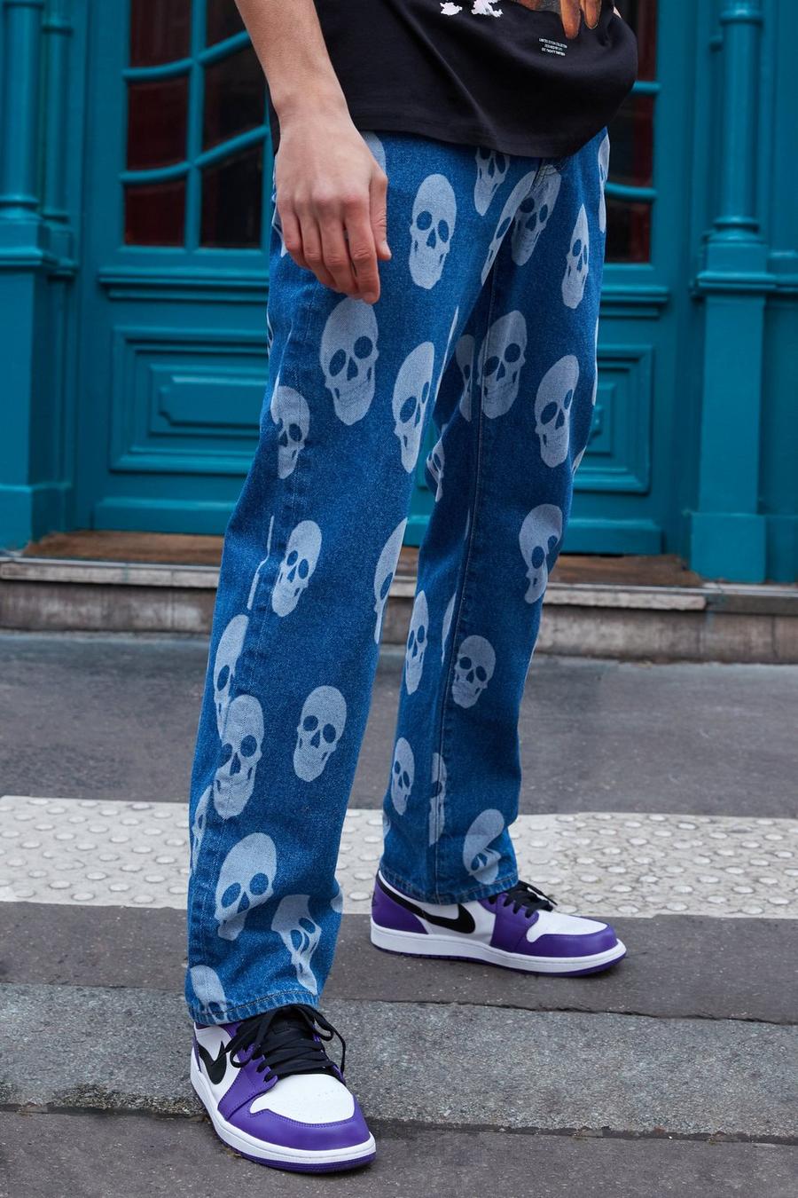 Lockere Jeans mit Totenkopf-Print, Light blue image number 1