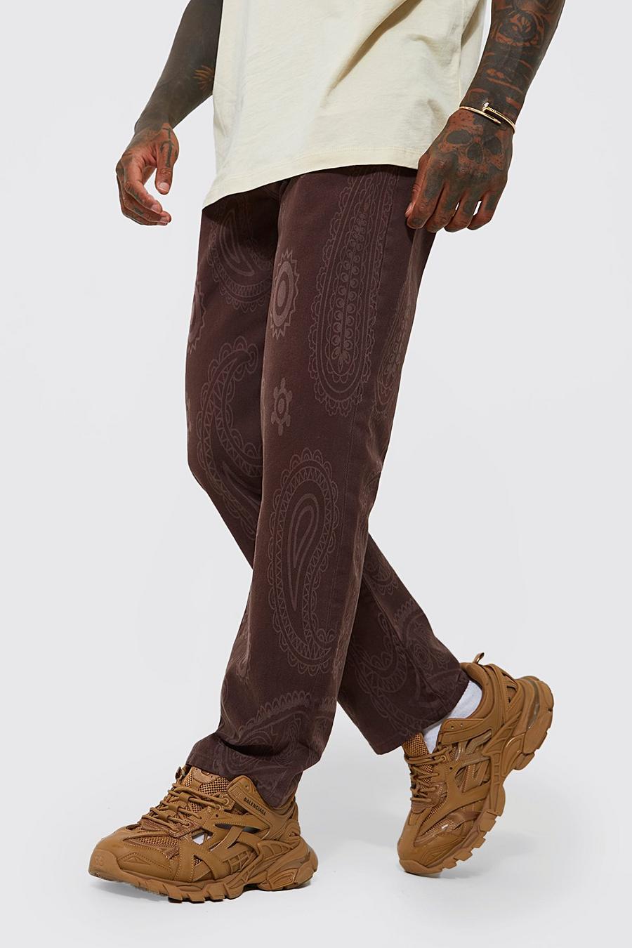 Brown Relaxed Fit Paisley Print Jeans image number 1