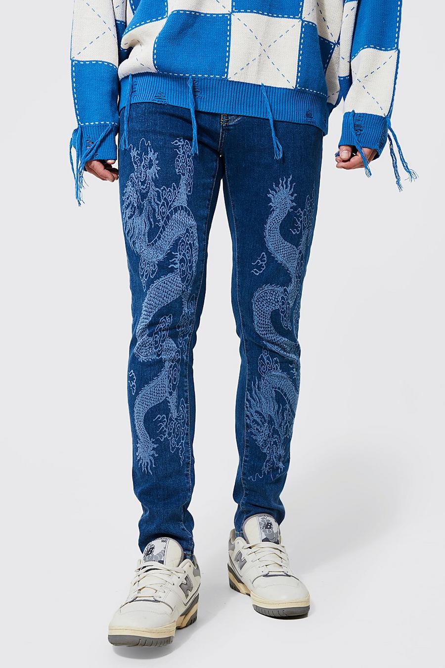 Mid blue Skinny Stretch Dragon Print Jeans