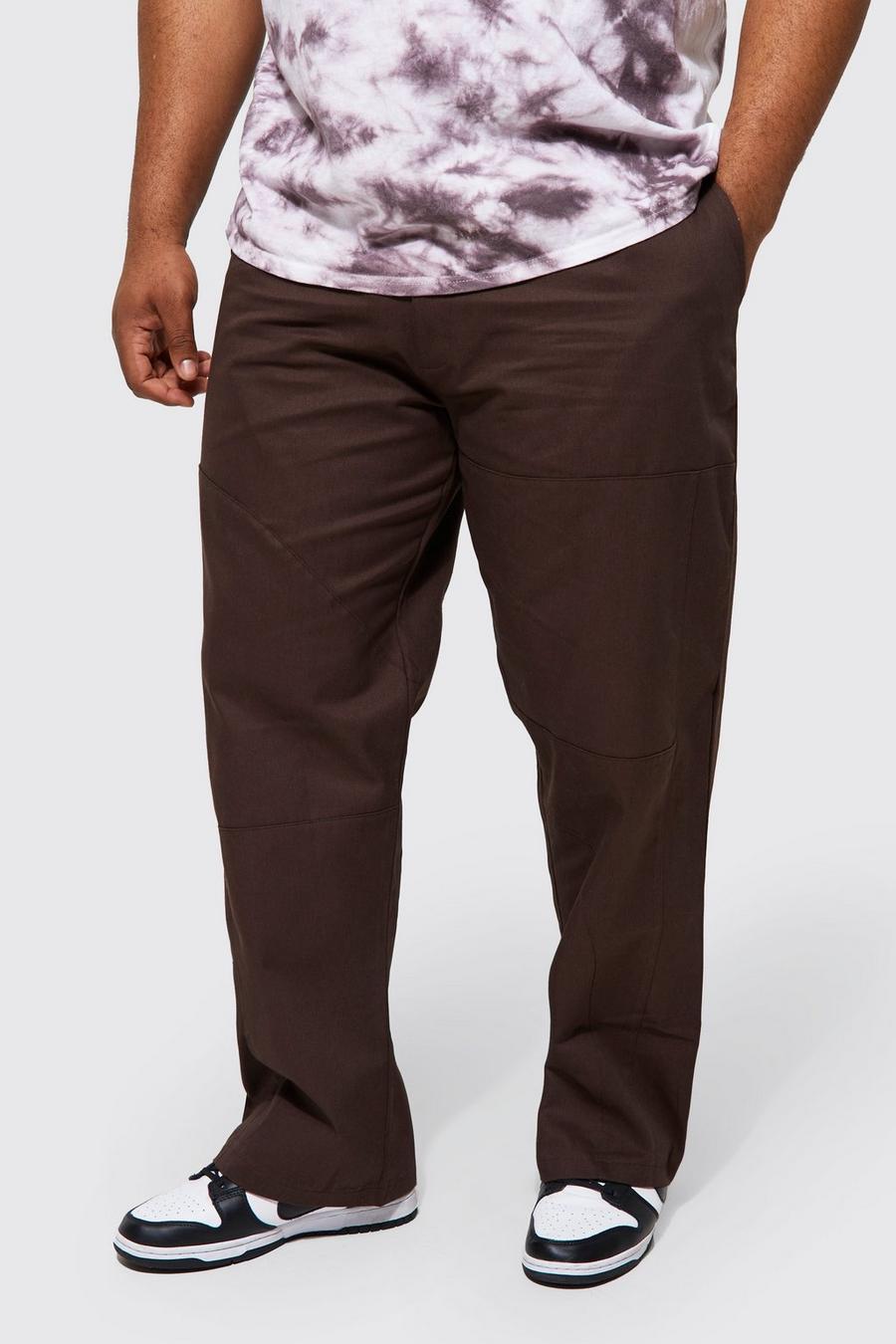 Chocolate marrón מכנסיים מאריג טוויל בגזרה ישרה עם תפרים מידות גדולות