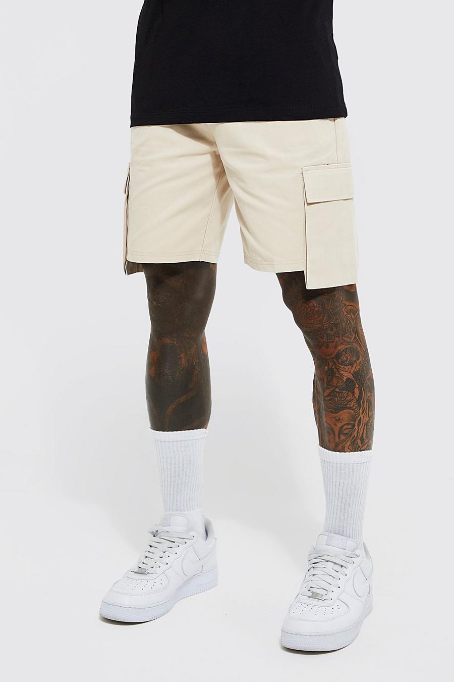 Stone Regular Fit Cargo Shorts With Dropped Pockets image number 1