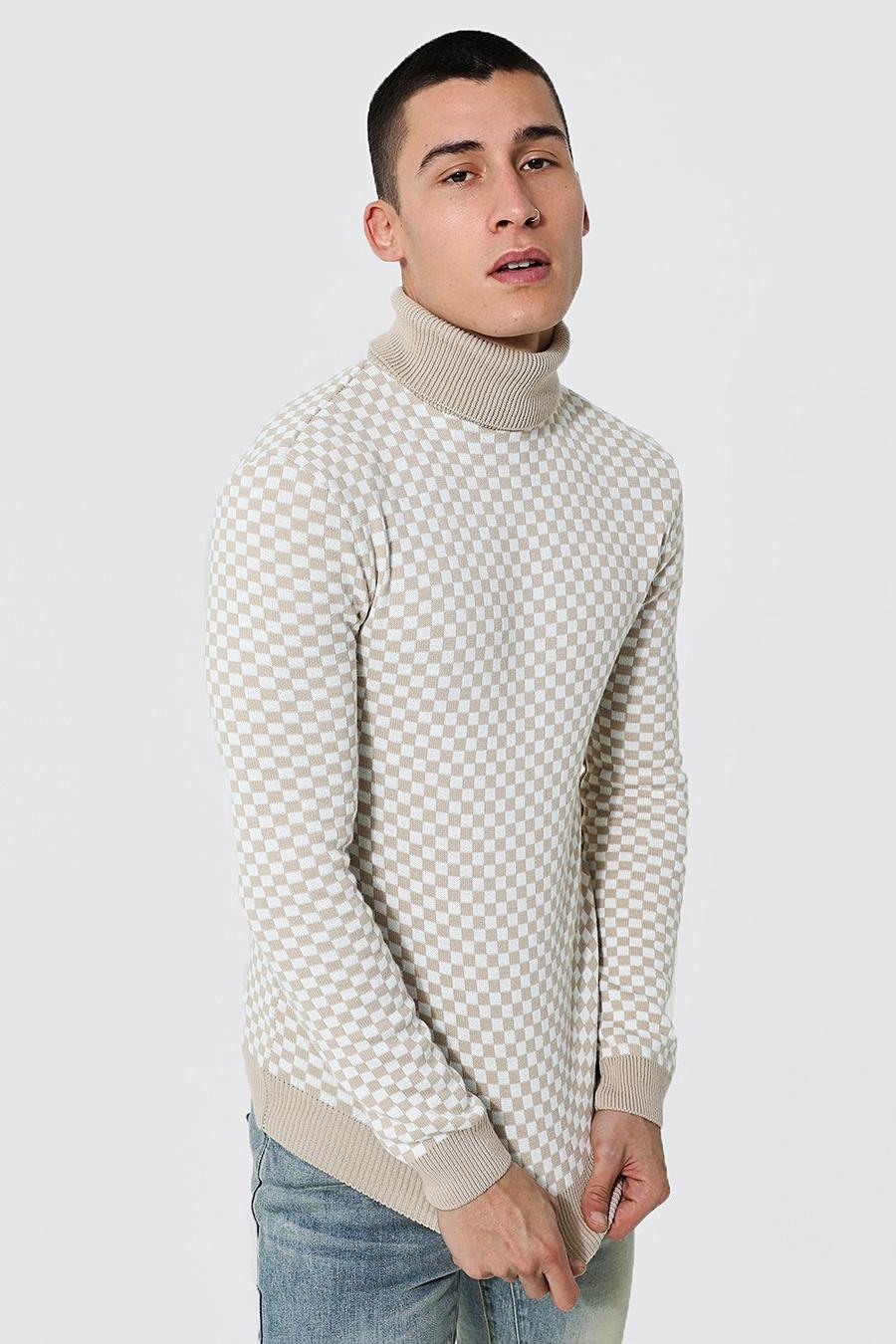 Taupe Roll Neck Muscle Fit Checkerboard Jumper image number 1
