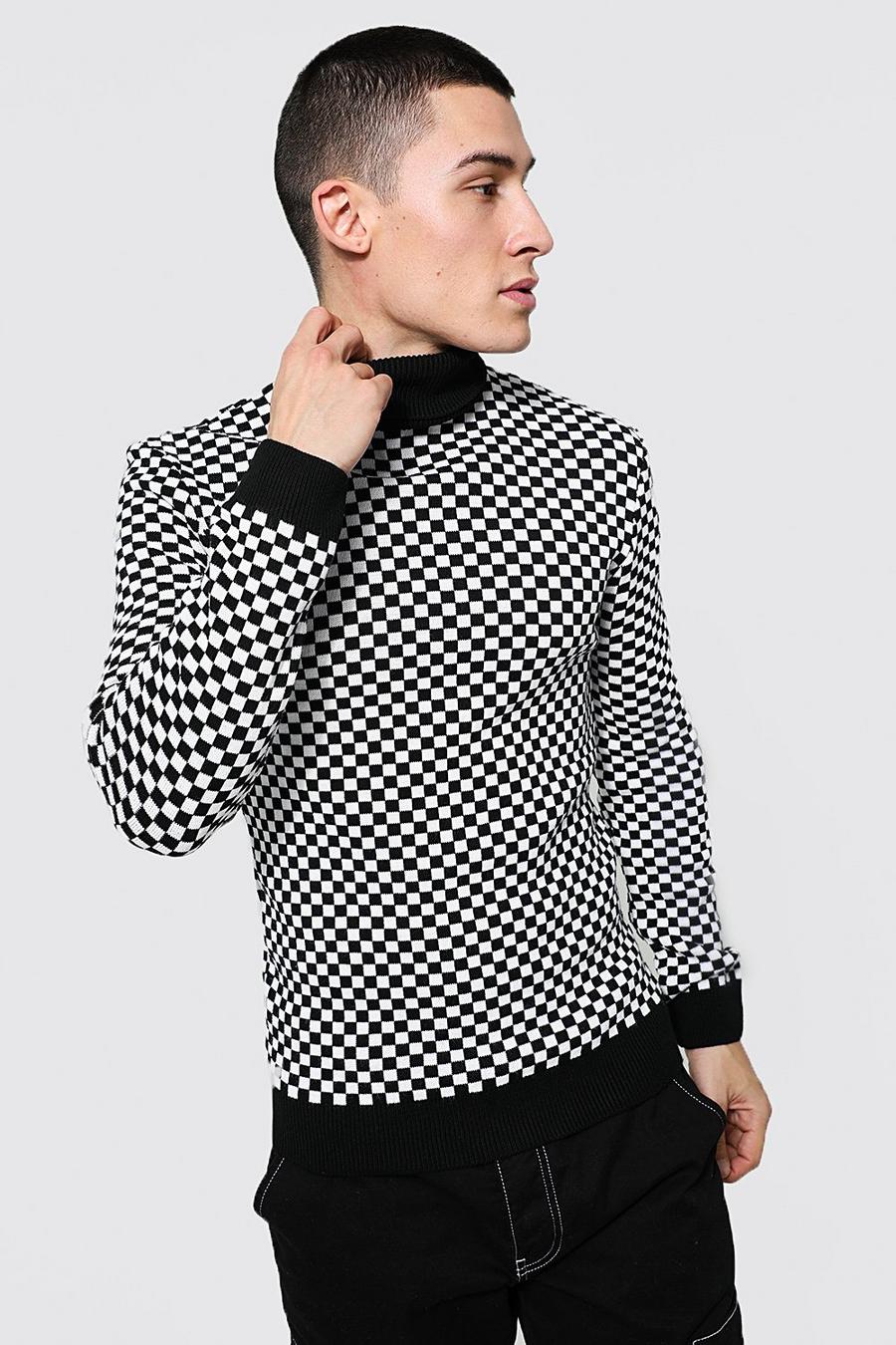 Black Roll Neck Muscle Fit Checkerboard Jumper image number 1