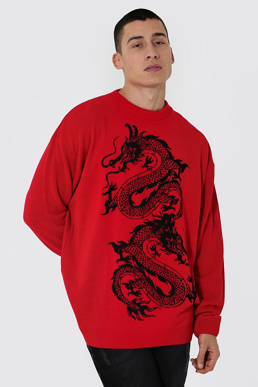 Pull oversize à motif dragon, Red image number 1