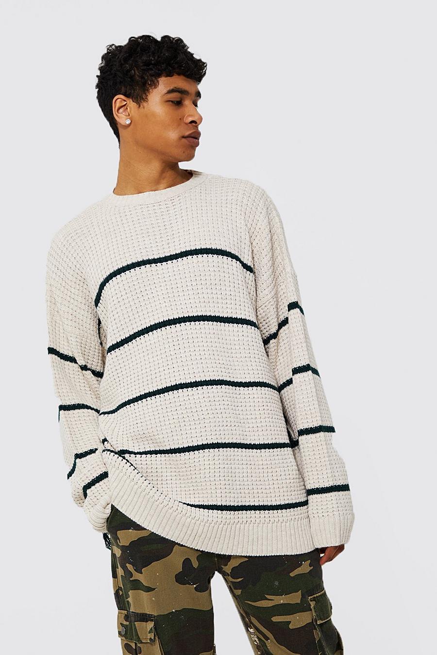 Cream white Oversized Stripe Distressed Knitted Jumper image number 1