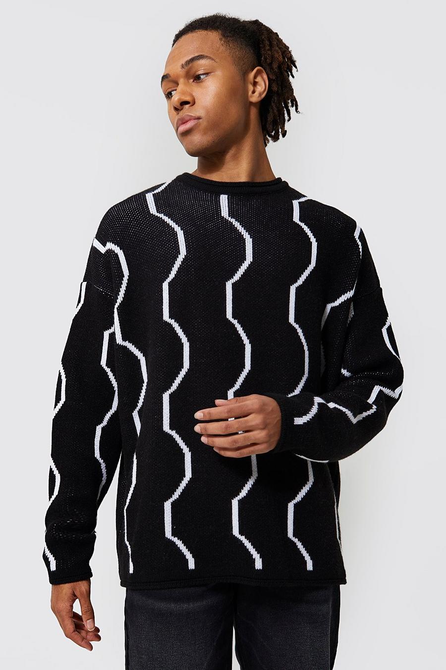 Black Oversized Contrast Stitch Knitted Jumper
