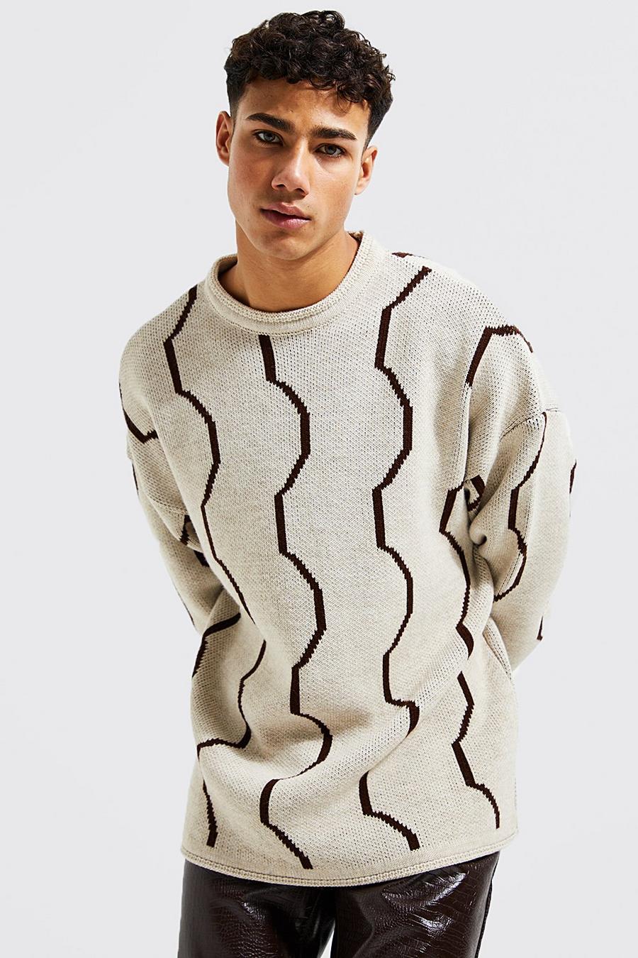 Taupe Oversized Contrast Stitch Knitted Jumper image number 1