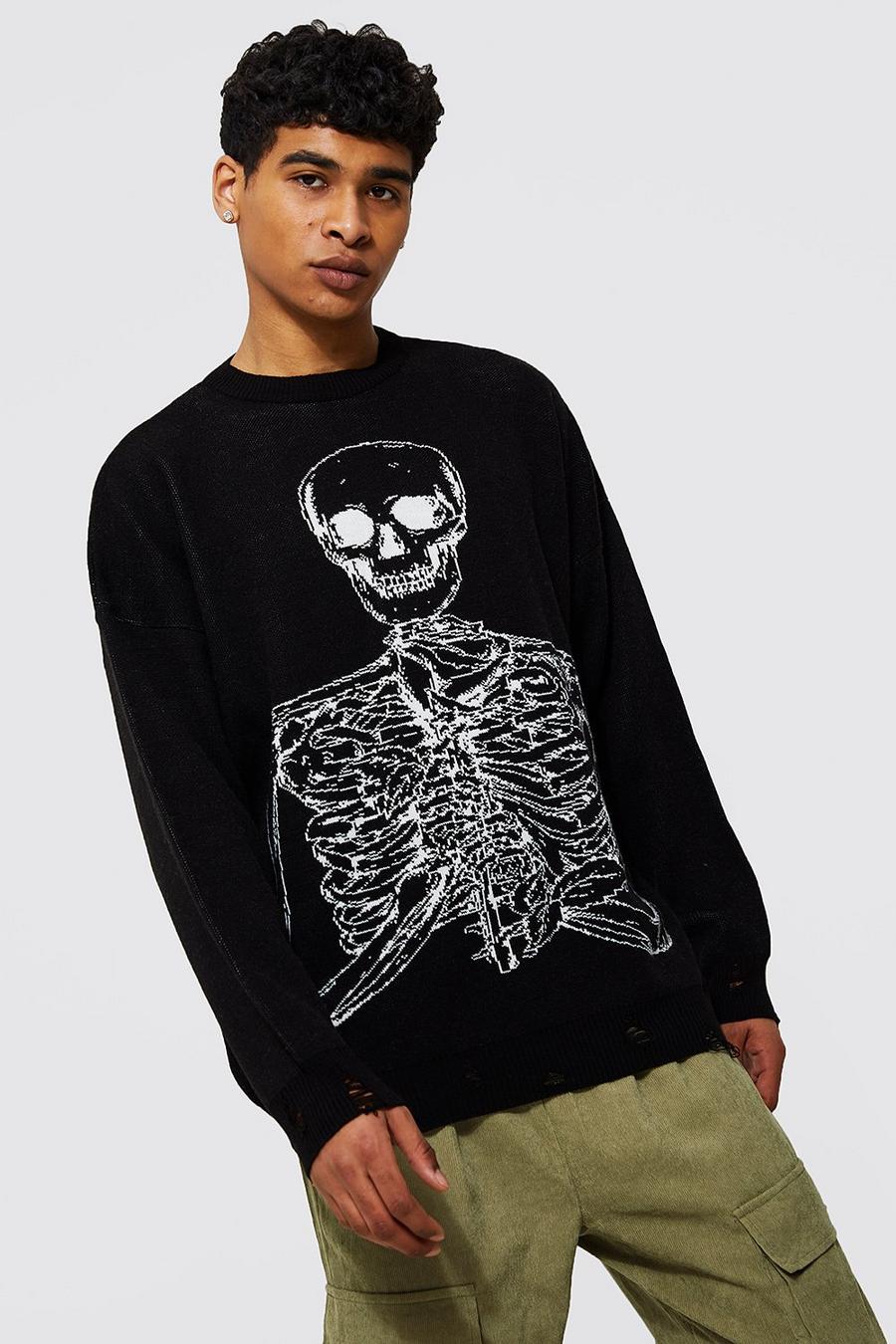 Oversize Pullover mit Skelett-Print, Black image number 1