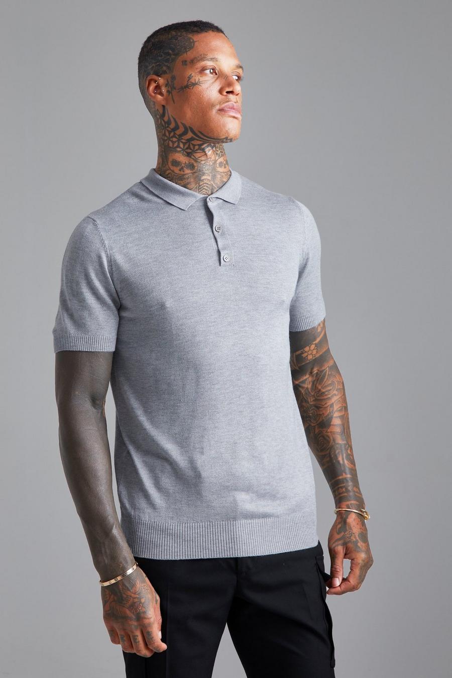 Grey marl Short Sleeve Knitted Polo