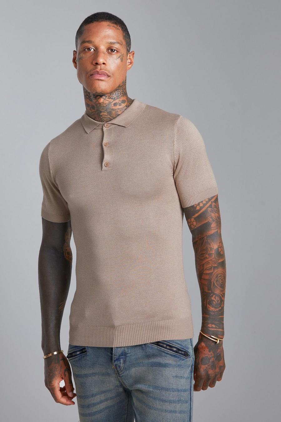 Taupe Short Sleeve Muscle Fit Knitted Polo image number 1