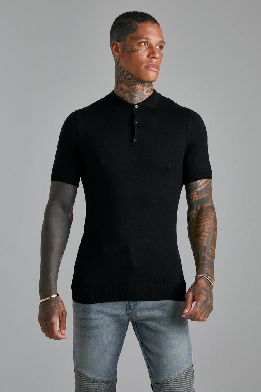 Black schwarz Short Sleeve Muscle Fit Knitted Polo