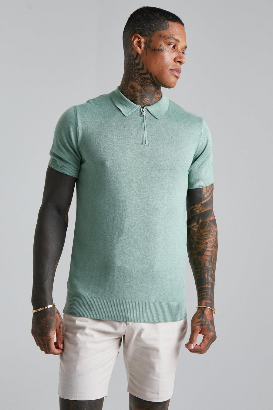 Sage green Short Sleeve Half Zip Knitted Polo