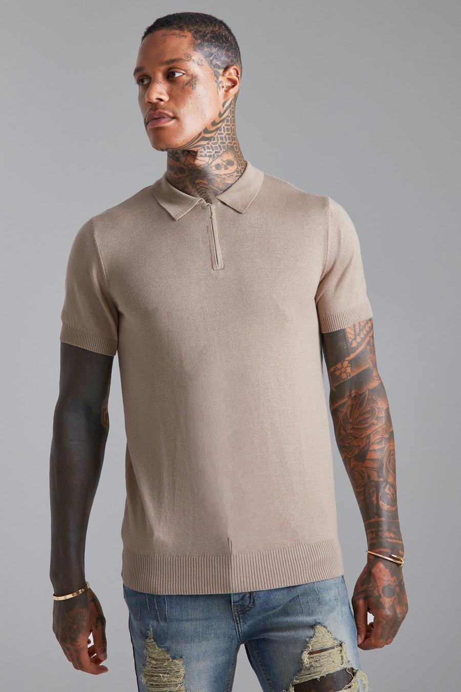 Taupe beige Short Sleeve Half Zip Knitted Polo