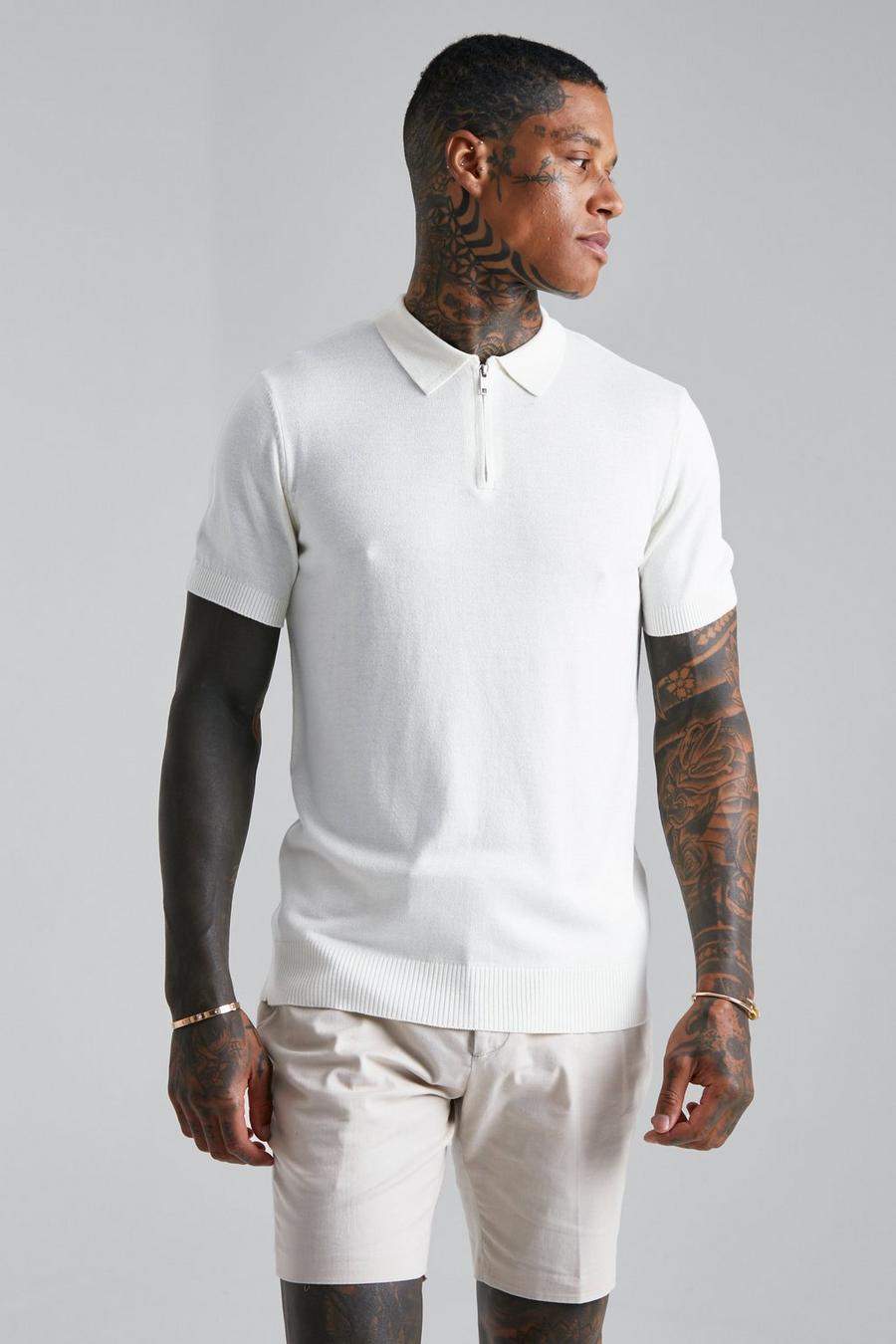 Cream Short Sleeve Half Zip Knitted Polo image number 1