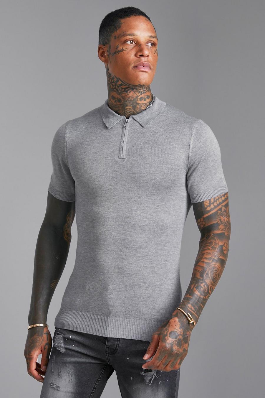 Grey marl Short Sleeve Muscle Half Zip Knitted Polo