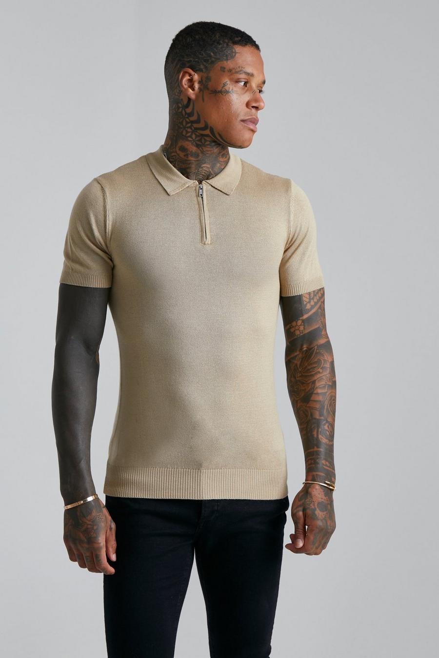Camel beige Short Sleeve Muscle Half Zip Knitted Polo