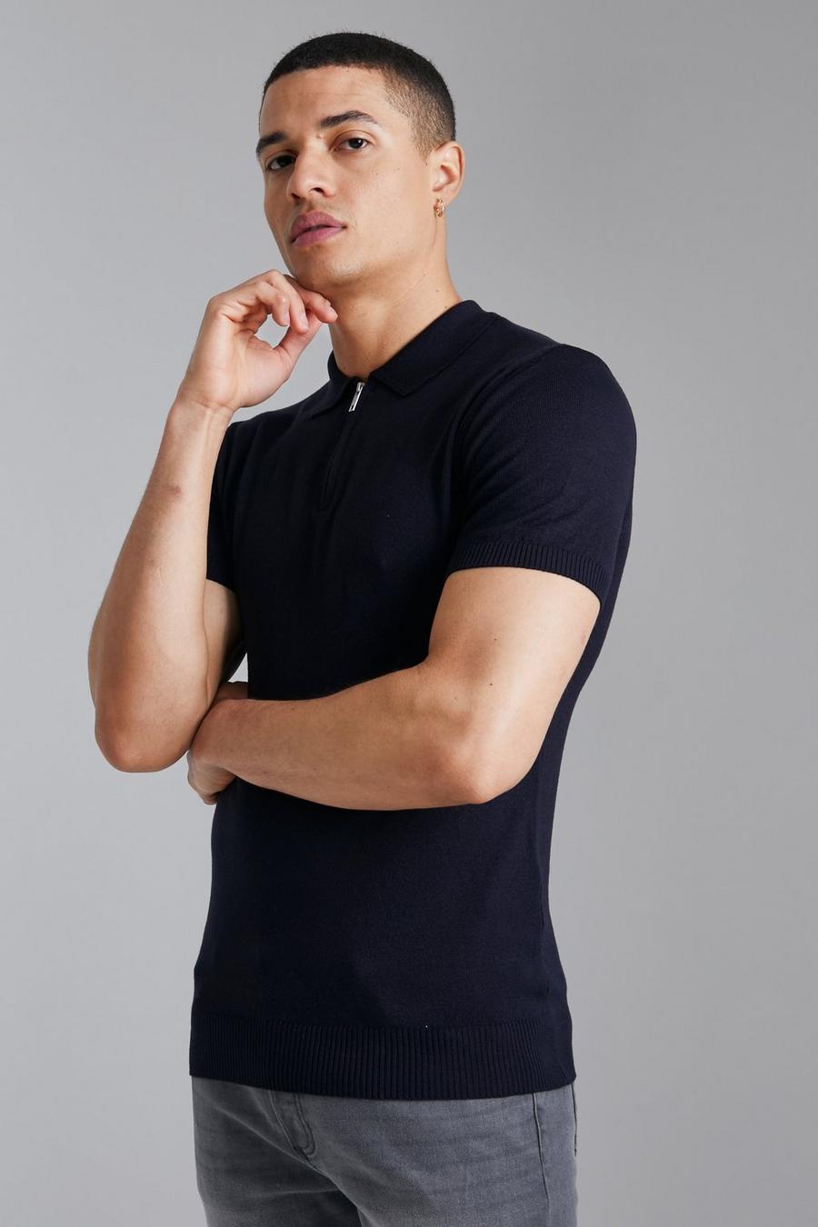 Navy Short Sleeve Muscle Half Zip Knitted Polo  image number 1