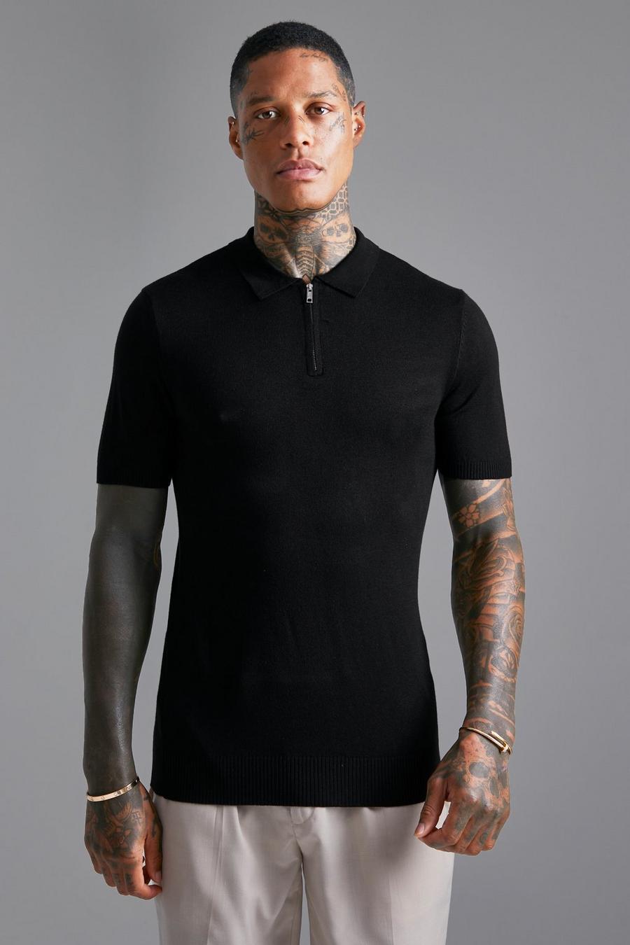 Black Short Sleeve Muscle Half Zip Knitted Polo 