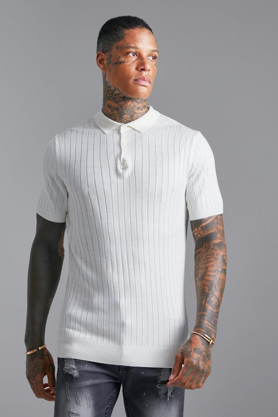 Cream Short Sleeve Muscle Rib Knit Polo  image number 1