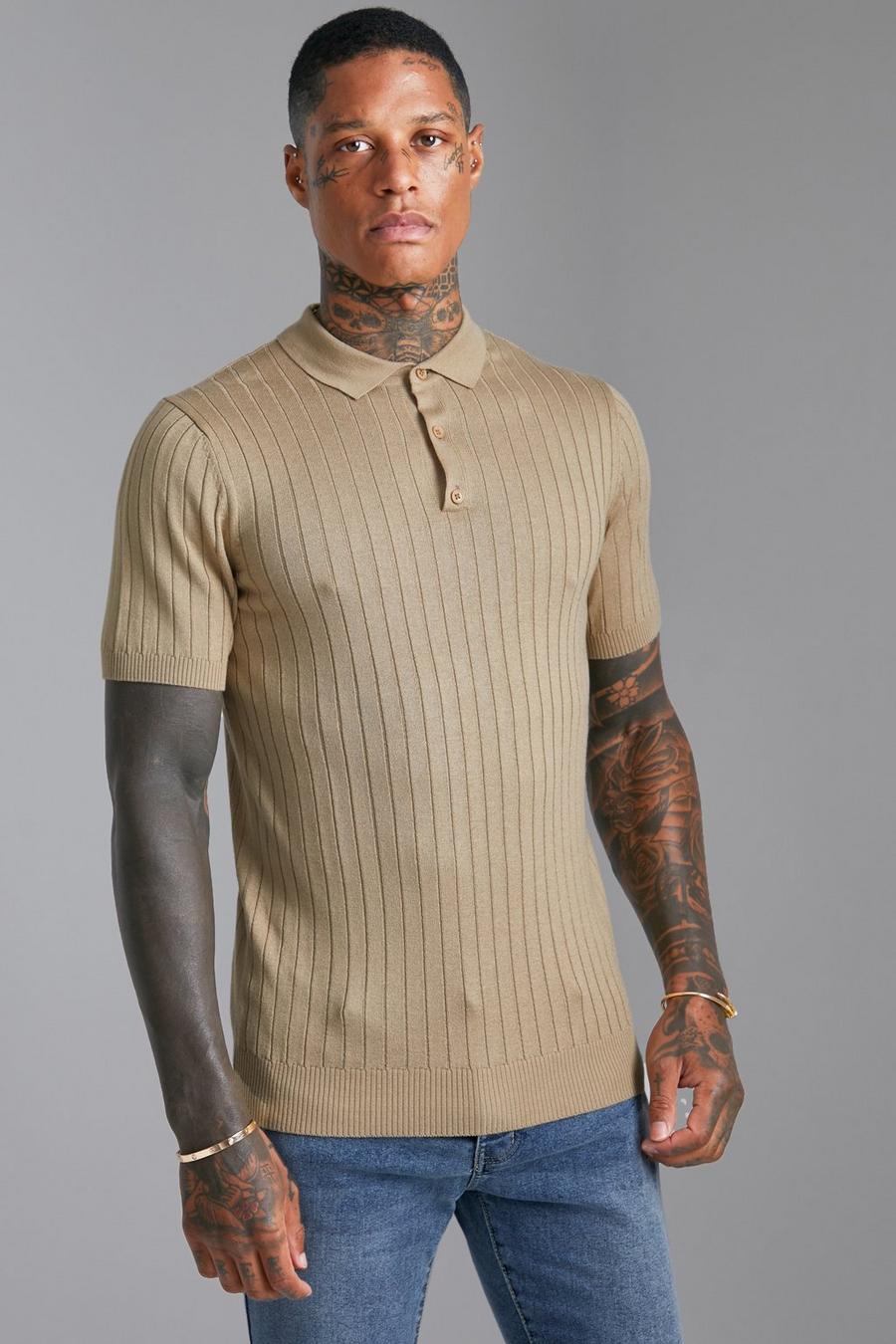 Camel Short Sleeve Muscle Rib Knit Polo image number 1