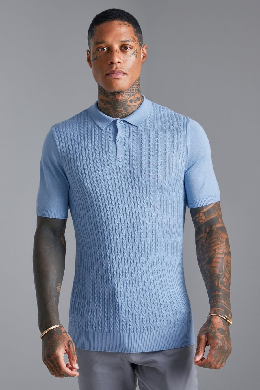 Blue Short Sleeve Cable Knitted Polo image number 1
