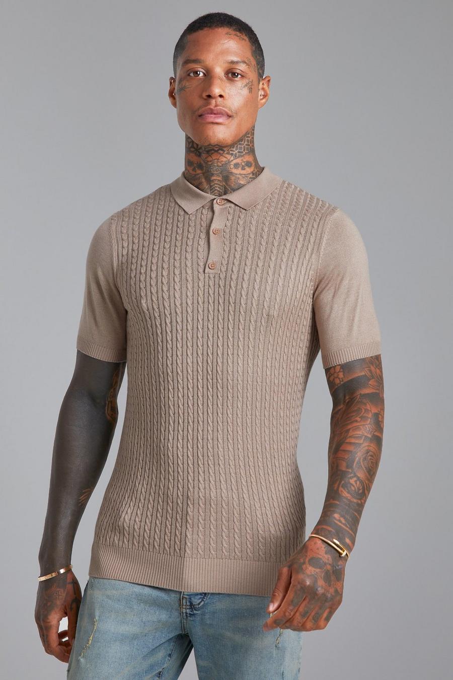 Taupe Short Sleeve Cable Knitted Polo image number 1