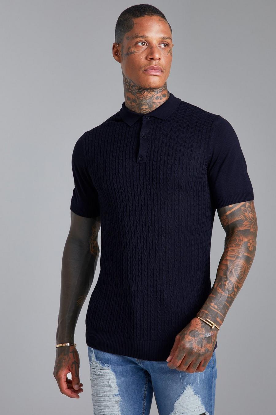 Navy Recycled Short Sleeve Cable Knitted Polo