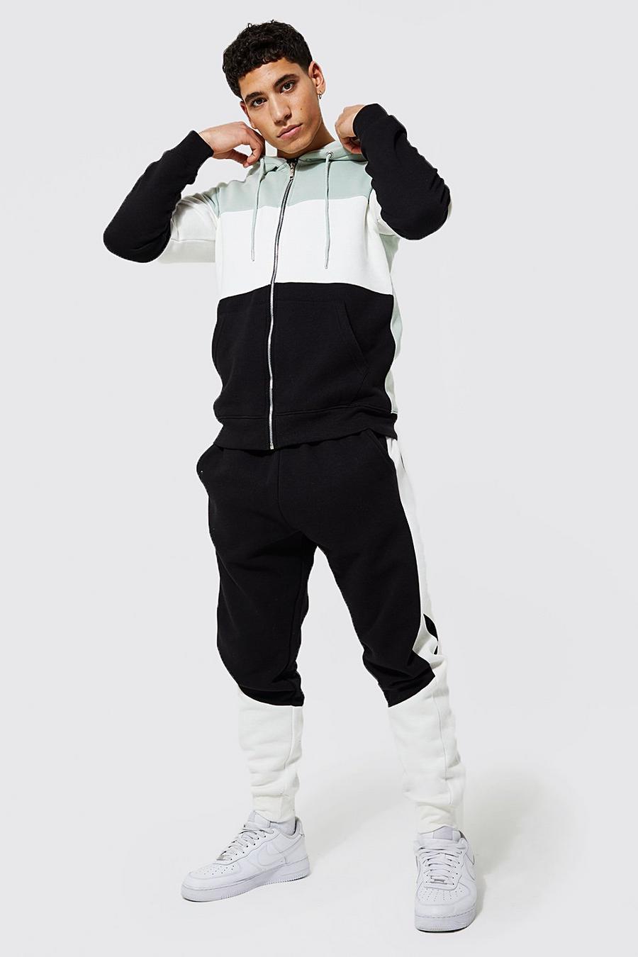 Sage Colour Block Zip Through Hooded Tracksuit image number 1