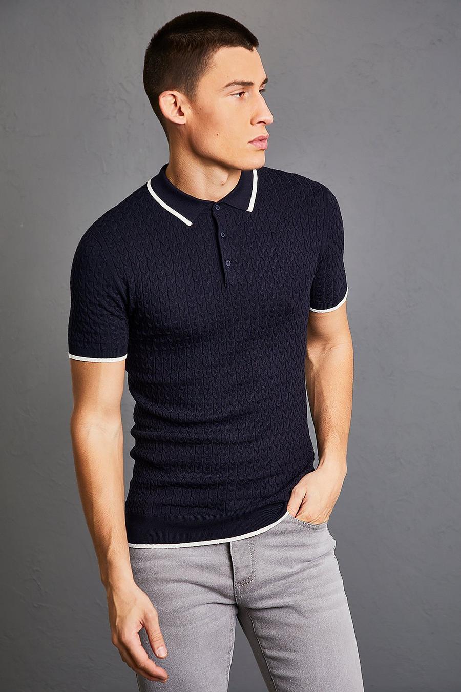 Navy Muscle Cable Knitted Polo image number 1